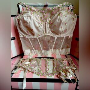 Victoria's Secret Rosebud Embroidery 3 Set NEW Corset 36 DD panty L Garter XS/S